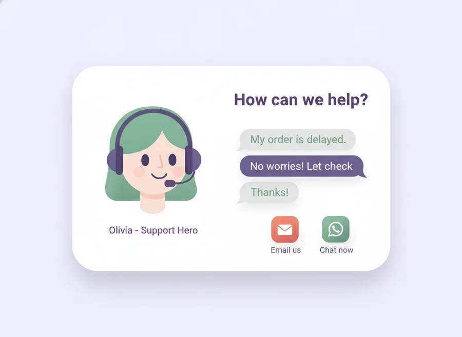Customer support chat with email and WhatsApp options