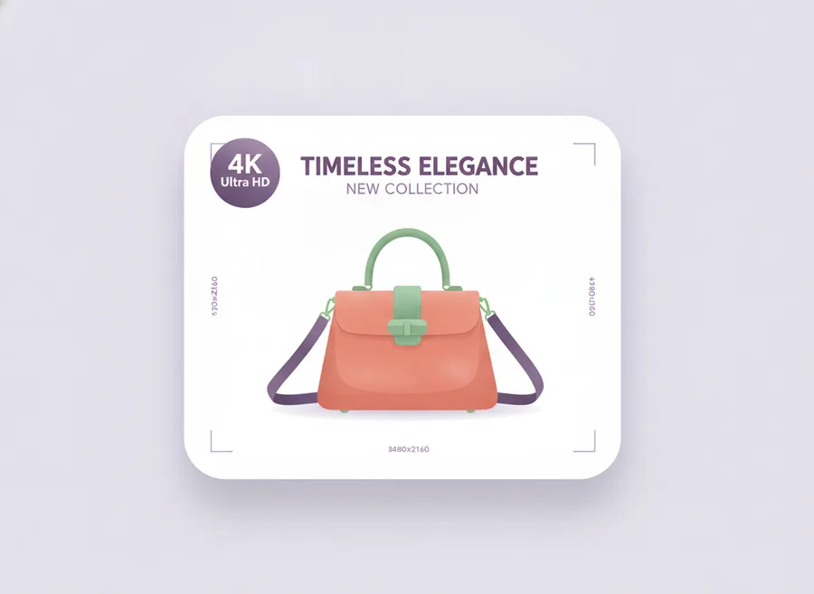 A sharp 4K Ultra HD AI product photo of a handbag advertisement with a quality badge