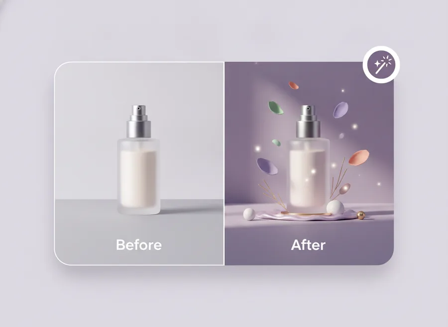 AI Photoshoot before and after: a plain cosmetic bottle photo transformed into a studio advertisement scene