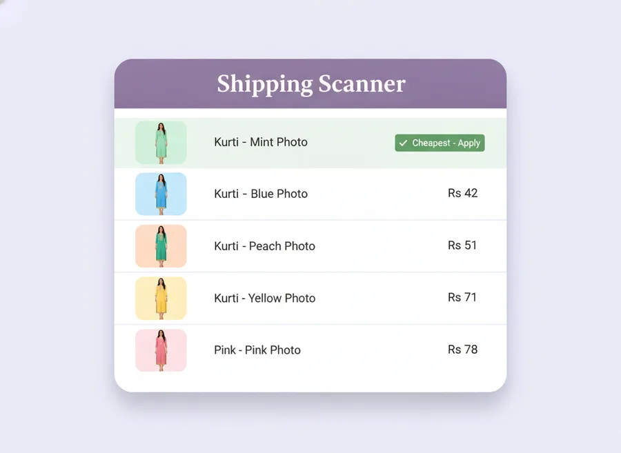 Shipping scanner comparing courier rates with the cheapest rate of Rs 42 highlighted in green