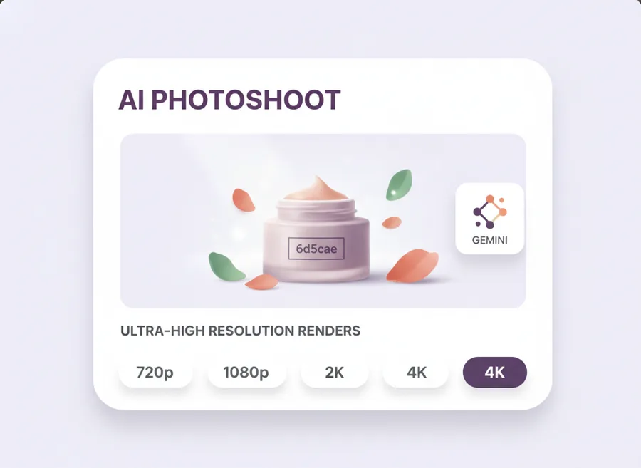 AI Photoshoot rendering a cosmetic jar as a studio advertisement with resolution options up to 4K