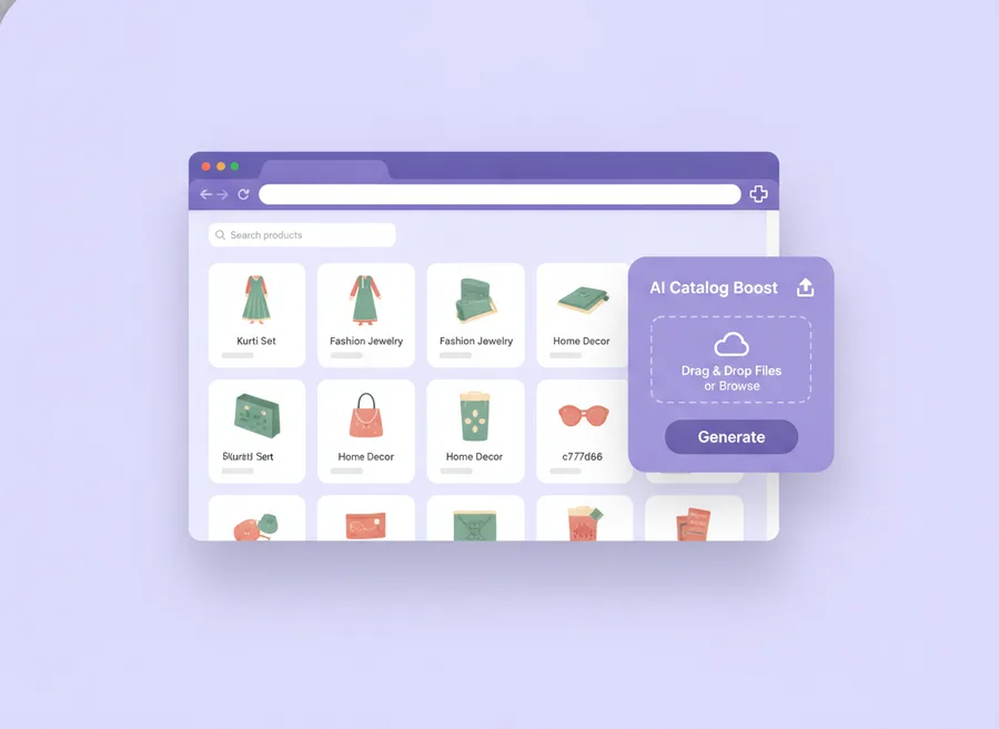Chrome extension panel docked inside the Meesho supplier catalog page with upload and generate controls