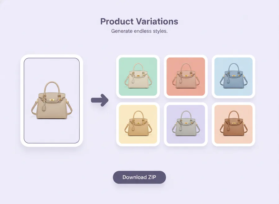 Product variations: one handbag generated into six styled background variations ready to download as ZIP